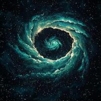 A mesmerizing swirl of turquoise particles dances in a cosmic formation, crafting an ethereal nebula effect that captivates the imagination and inspires wonder and exploration. photo