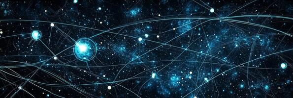 Turquoise particles delicately intertwine to form intricate geometric shapes, illuminated by glowing lines photo