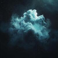 Ethereal turquoise particles dance and swirl, creating a mesmerizing nebula-like form on a deep black canvas, evoking a sense of wonder and cosmic beauty. photo