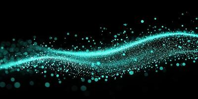 Turquoise particles cluster and flow in a mesmerizing wave, illuminating the darkness with a radiant glow. This captivating digital art evokes a sense of movement and tranquility. photo