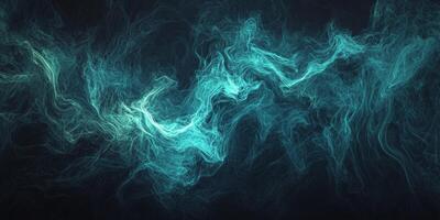 Turquoise particles cluster gracefully, creating a radiant wave that gently glows against the black backdrop, evoking a sense of ethereal beauty and movement in digital art. photo