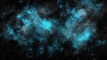 Turquoise particles glow vividly amidst a galaxy formation on a dark canvas, creating a minimalist yet captivating cosmic pattern that inspires wonder and imagination. photo