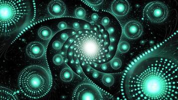 Turquoise particles swirl and glow, creating a captivating galaxy formation on a black canvas. Bright areas highlight the minimalist cosmic theme, evoking wonder and mystery. photo