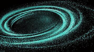 A captivating spiral of turquoise dots unfolds against a black backdrop, glowing softly as they swirl and vary in size, embodying tranquil cosmic energy. photo