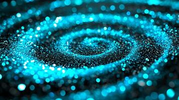Turquoise dots scatter across a dark canvas, creating a swirling spiral that glows with a cool luminosity. Their varied sizes enhance the captivating cosmic allure of this abstract design. photo