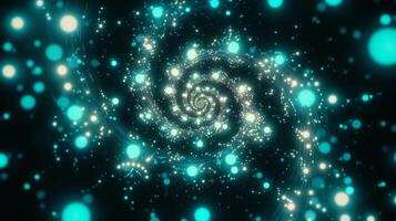 Turquoise dots scatter across a dark backdrop, forming a dynamic spiral. The particles pulse with a soft, cool light, creating an enchanting cosmic effect that draws viewers into its depths. photo
