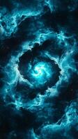 Turquoise particles whirl and glow intensely from the center, creating a stunning vortex filled with cosmic energy and dynamic movement that captivates the viewer. photo