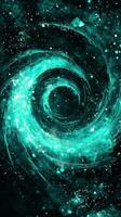 Particles in a vibrant turquoise hue gather to form a mesmerizing vortex, pulsating with energy and creating a spellbinding effect against a deep black canvas. photo
