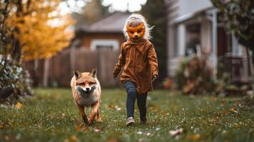 Quadrobic girl in fox mask walking fox in yard. photo