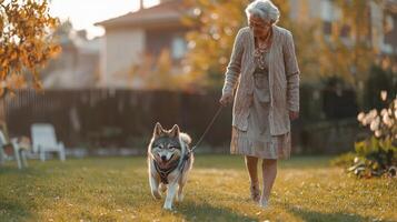 In a sunny yard a grandmother leads her granddaughter dressed in a wolf mask on all fours playfully running next to her on a leash embracing a delightful day outdoors. photo