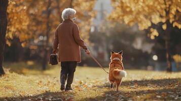 On a crisp autumn day a grandmother joyfully walks her quadrobic girl in a fox mask who playfully runs on all fours across the vibrant lawn celebrating their special connection. photo
