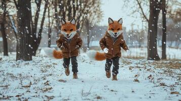 In a winter landscape two boys energetically dash across a snow covered lawn adorned in playful fox and wolf masks brightening the chilly day with their imagination. photo