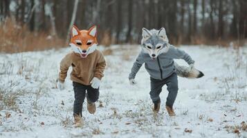 On a chilly winter day two boys dressed in vibrant fox and wolf masks race across a snowy lawn embracing their wild imaginations and playfulness in nature. photo