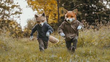 Two energetic boys in fox and wolf costumes dash across a grassy field their masks framed by the golden hues of autumn leaves capturing the joy of imaginative play. photo