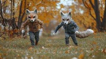 In a lively park surrounded by autumn foliage two boys wearing fox and wolf masks joyfully scamper on all fours. Their playful energy captures the essence of childhood imagination. photo