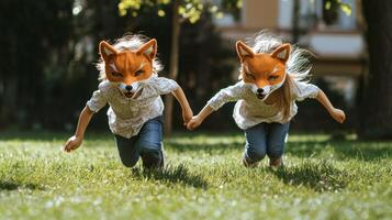 boy and girl wearing playful fox masks dash across a lush lawn their laughter echoing as they embrace a carefree moment of childhood joy and imagination. photo