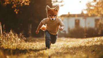 A lively boy wearing a fox mask dashes energetically on all fours through a grassy field illuminated by warm golden sunlight and the joy of play. photo
