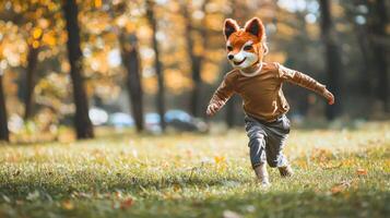 young boy donning a charming fox mask enthusiastically scurries on all fours through a lush green lawn framed by colorful autumn foliage. photo