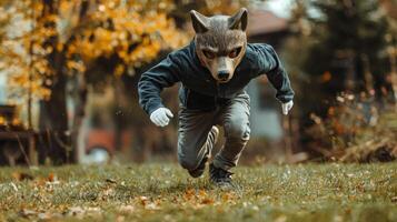 young boy dressed in a wolf mask excitedly dashes across a green lawn embodying the spirit of playfulness and adventure in an autumn setting. photo