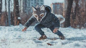 In a wintry landscape Quadrobic boys dash across the snowy grass donning wolf masks and tails embracing the joy of imaginative play and adventure. photo