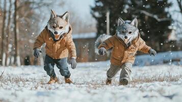 Two energetic boys in wolf masks and tails run across a snowy lawn embracing the winter chill while playing and exploring in the outdoors. photo