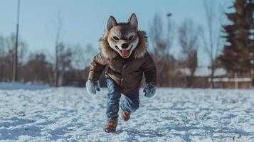 group of energetic boys transforms into playful wolves running joyfully across a white snowy lawn embracing the chill of winter while having fun. photo