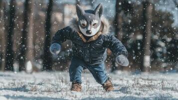 Children in wolf masks and tails joyfully run across a snowy winter lawn embracing the cold with playful energy and creativity in the crisp air. photo