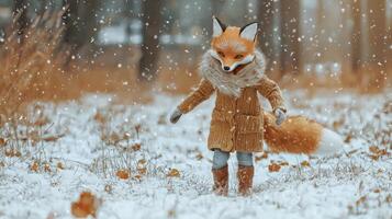 spirited girl in a fox mask and tail dashes gleefully on all fours through a snowy landscape surrounded by gently falling snowflakes and autumn leaves. photo