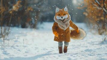 spirited child dons a fox mask and fluffy tail racing on all fours across a snowy field. The winter setting is enchanting with soft snowflakes falling around. photo