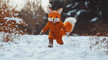 Quadrobic girl sporting a charming fox mask and tail gleefully sprints over the snowy lawn embracing the joy of winter in an enchanting landscape. photo