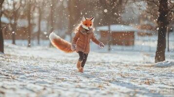 In a winter wonderland a spirited girl dons a fox mask and tail racing on all fours through the glistening snow celebrating imagination and joy. photo