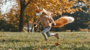 young girl adorned with a vibrant fox mask and a fluffy tail joyfully scampers on all fours across a lush green lawn surrounded by autumn leaves embodying pure whimsy. photo