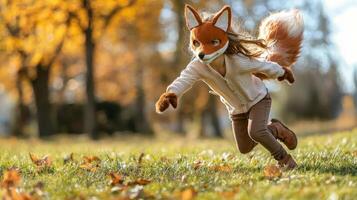 lively girl adorned in a fox mask and tail dashes across a lush vibrant lawn surrounded by the warm hues of autumn leaves embracing the spirit of play. photo