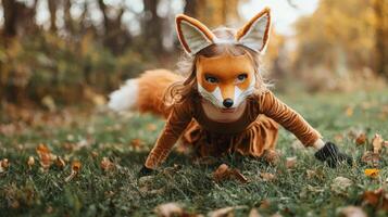 In a vibrant autumn setting a young girl dressed as a fox excitedly races on all fours across a grassy lawn embodying joy and creativity. photo
