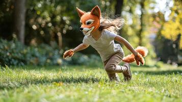 Excited and carefree a Quadrobic girl in a vibrant fox mask runs on all fours through a grassy lawn embracing the thrill of outdoor play. photo