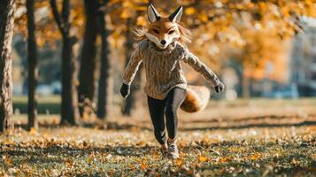 Amidst a vibrant autumn landscape a girl wearing a fox mask joyfully runs on all fours across a lawn embodying the essence of childhood creativity and freedom. photo