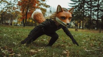 young girl wearing a playful fox mask dashes across a vibrant lawn showcasing her agility while leaves from surrounding trees fall gently in the crisp air. photo