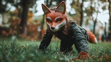 In a whimsical outdoor setting a Quadrobic girl dons a playful fox mask while swiftly navigating the lawn on all fours surrounded by the beauty of nature. photo