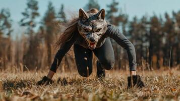 girl wearing a detailed wolf mask moves swiftly on all fours through a grassy area showcasing agility and a playful spirit as trees frame the backdrop. photo