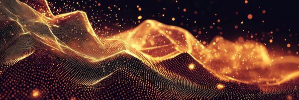 Dynamic orange particles weave together to form elaborate geometric shapes, glowing brilliantly against a deep black backdrop, radiating a compelling futuristic energy. photo
