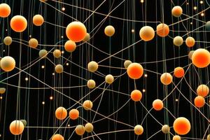mesmerizing arrangement of tiny orange dots fills a black canvas, linked by luminous lines that mimic a cosmic constellation. This minimalist artwork evokes a sense of wonder. photo