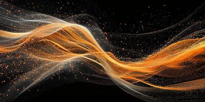 mesmerizing array of orange particles clusters into an undulating wave, glowing intensely against the darkness, showcasing a captivating digital artistry. photo