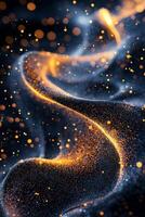mesmerizing display of blurred orange dots creates a fluid wave pattern against a rich black backdrop, evoking a sense of motion and cosmic wonder in minimalist art. photo