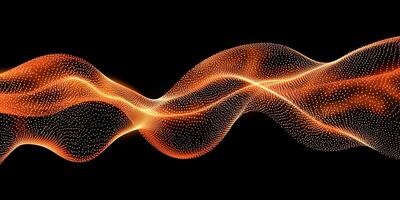 captivating arrangement of orange particles forms a vibrant wave, radiating light and energy against a stark black background, creating a mesmerizing abstract visual experience. photo