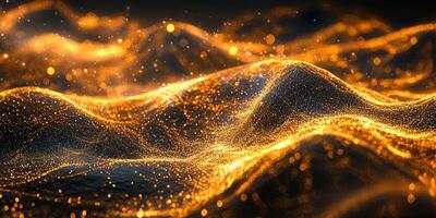 Radiant clusters of orange particles dance fluidly against a deep black background, forming a dynamic wave that exudes energy and artistic brilliance, captivating the viewer's imagination. photo