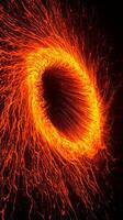 striking vortex of glowing orange particles twists and turns, emanating intense energy from its center while contrasting against the dark, captivating background, creating a sense of motion. photo
