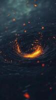 intriguing display of orange particles converges and spirals into a vortex, radiating a brilliant glow from the center against a deep black background, evoking a sense of energy and movement. photo