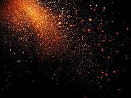 Small orange dots illuminate the dark canvas, glowing with varying intensities to form a mesmerizing pattern reminiscent of cosmic stardust, evoking minimalistic beauty. photo