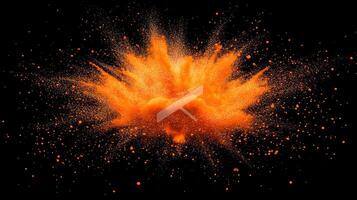 explosion of vibrant orange particles radiates from a central point, creating a dynamic display of glowing energy that disperses across a black background in a cosmic burst. photo