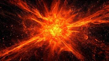 impressive display of orange particles bursts outward, radiating fiery energy into the dark cosmos, creating a mesmerizing and dynamic effect as they disperse. photo